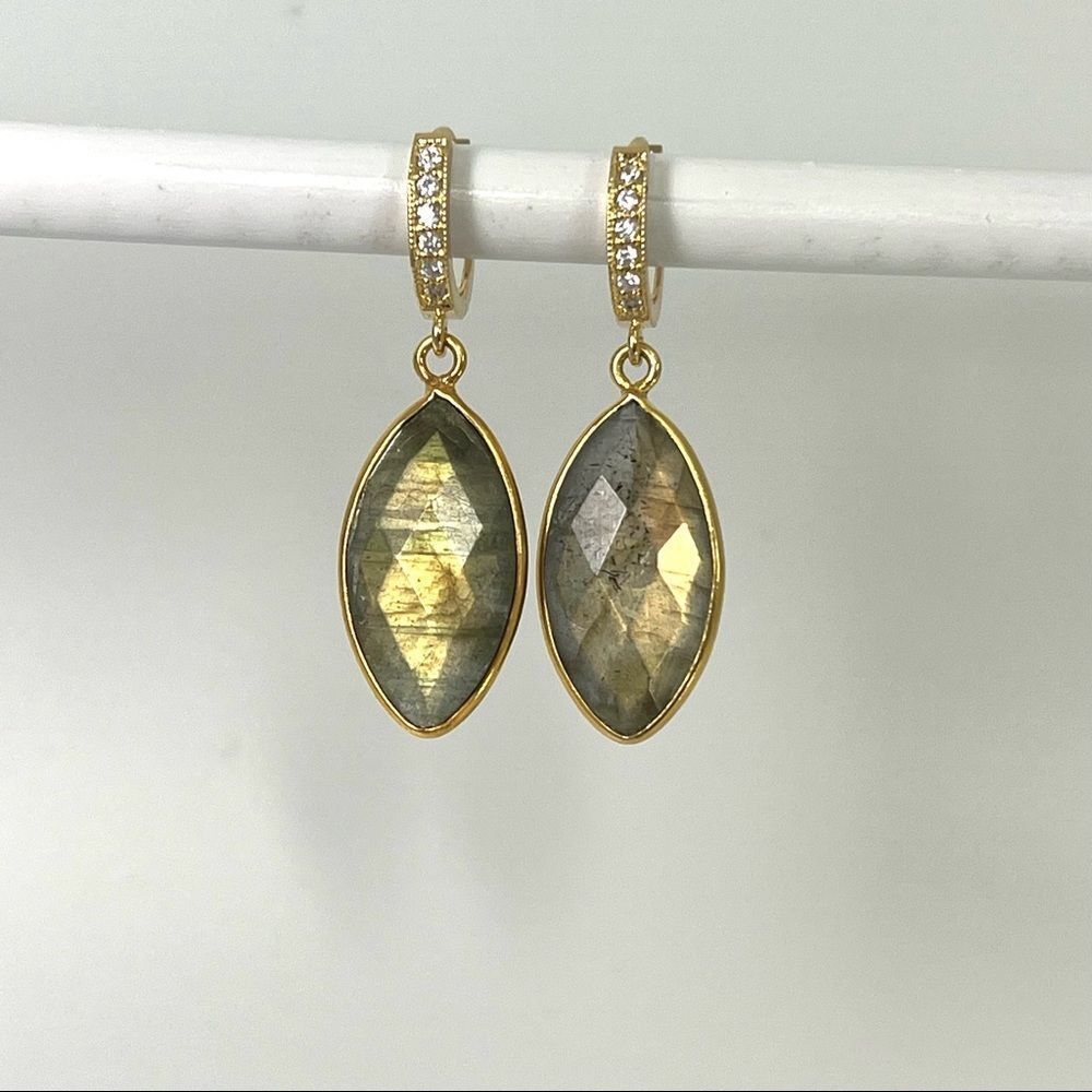 Gold huggie hoop earrings with genuine gemstone lightweight labradorite stones